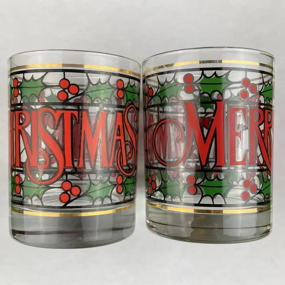 Vintage Cera Glass Merry Christmas Lowball Glasses Lot of 2
